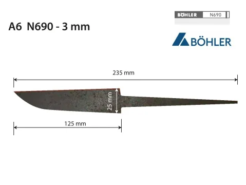 Výpalek čepele A6 – N690 – 3 × 25 × 235/125 mm
