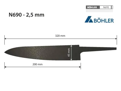 Výpalek kuchyňského nože – K2 – N690 – 2,5 × 45 × 340/200 mm