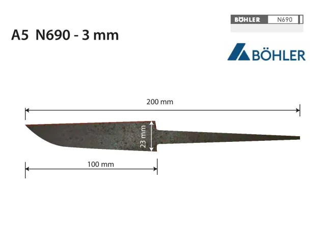 Výpalek čepele A5 – N690 – 3 × 23 × 200/100 mm