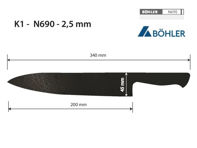 Výpalek kuchyňského nože – K1 – N690 – 2,5 × 45 × 340/200 mm