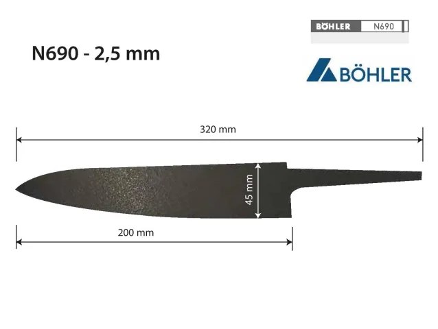 Výpalek kuchyňského nože – K2 – N690 – 2,5 × 45 × 340/200 mm