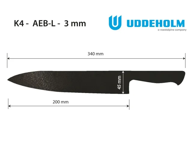 Výpalek kuchyňského nože – K4 – AEB-L – 3 × 45 × 340/200 mm